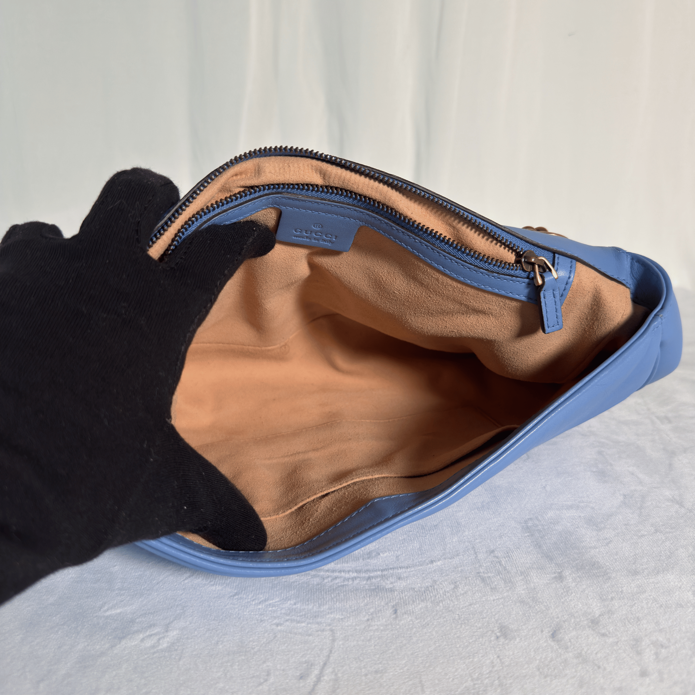 GUCCI - SAC GG MARMONT LARGE - CUIR MATELASSE BLEU PERVENCHE