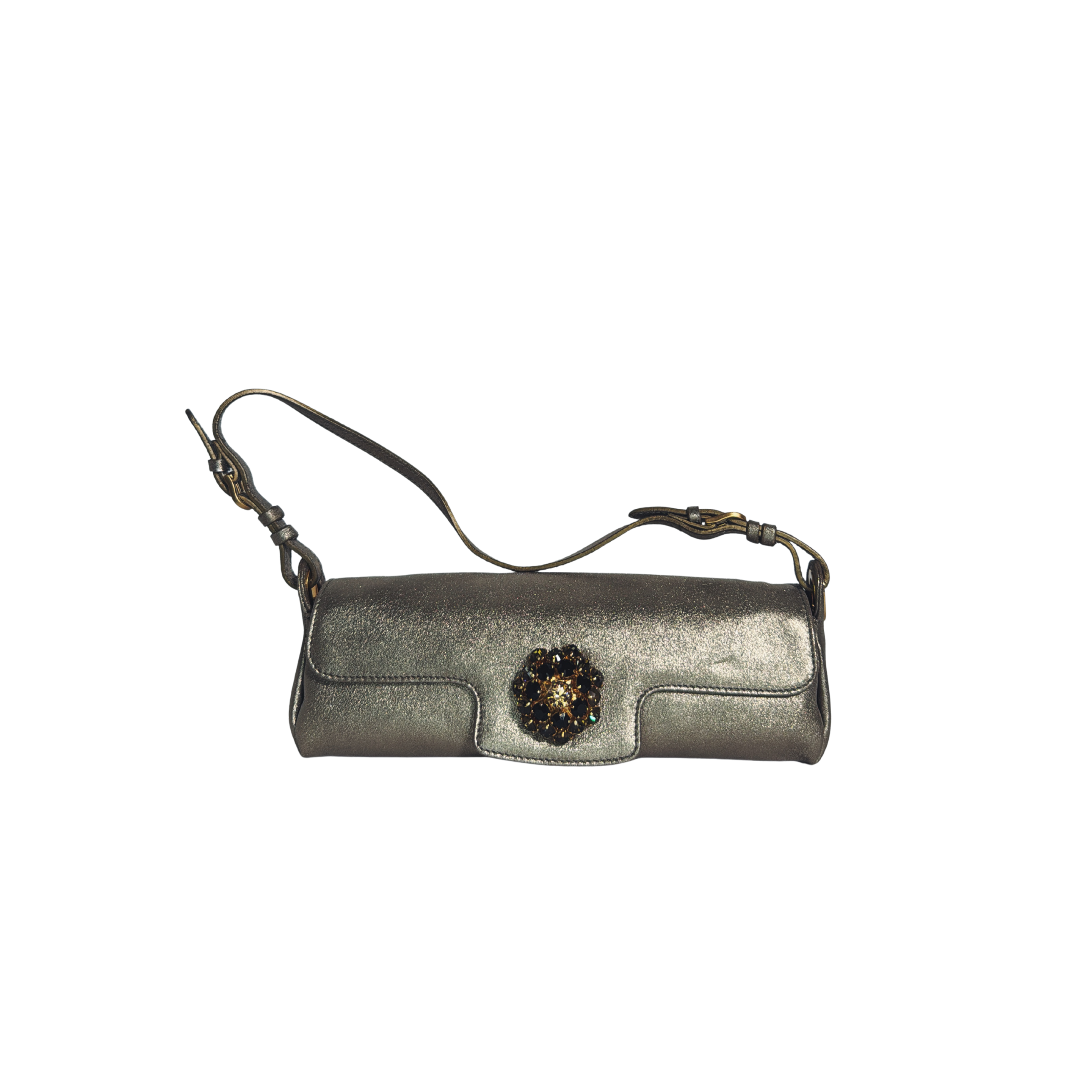 Jimmy Choo Baguette Metallic Vintage – cuir bronze, broche bijoux Swarovski