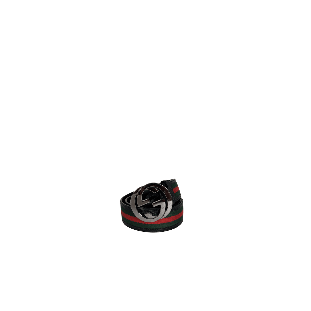 GUCCI - CEINTURE BOUCLE G ENTRELACES - SANGLE WEB VERT ET ROUGE - CUIR NOIR - TAILLE 85 - La Belle Boutique