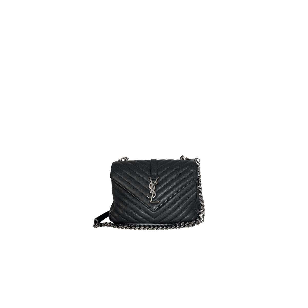 SAINT LAURENT - SAC COLLEGE MEDIUM - CUIR MATELASSE NOIR EFFET VIEILLI - QUINCAILLERIE ARGENT VIEILLI