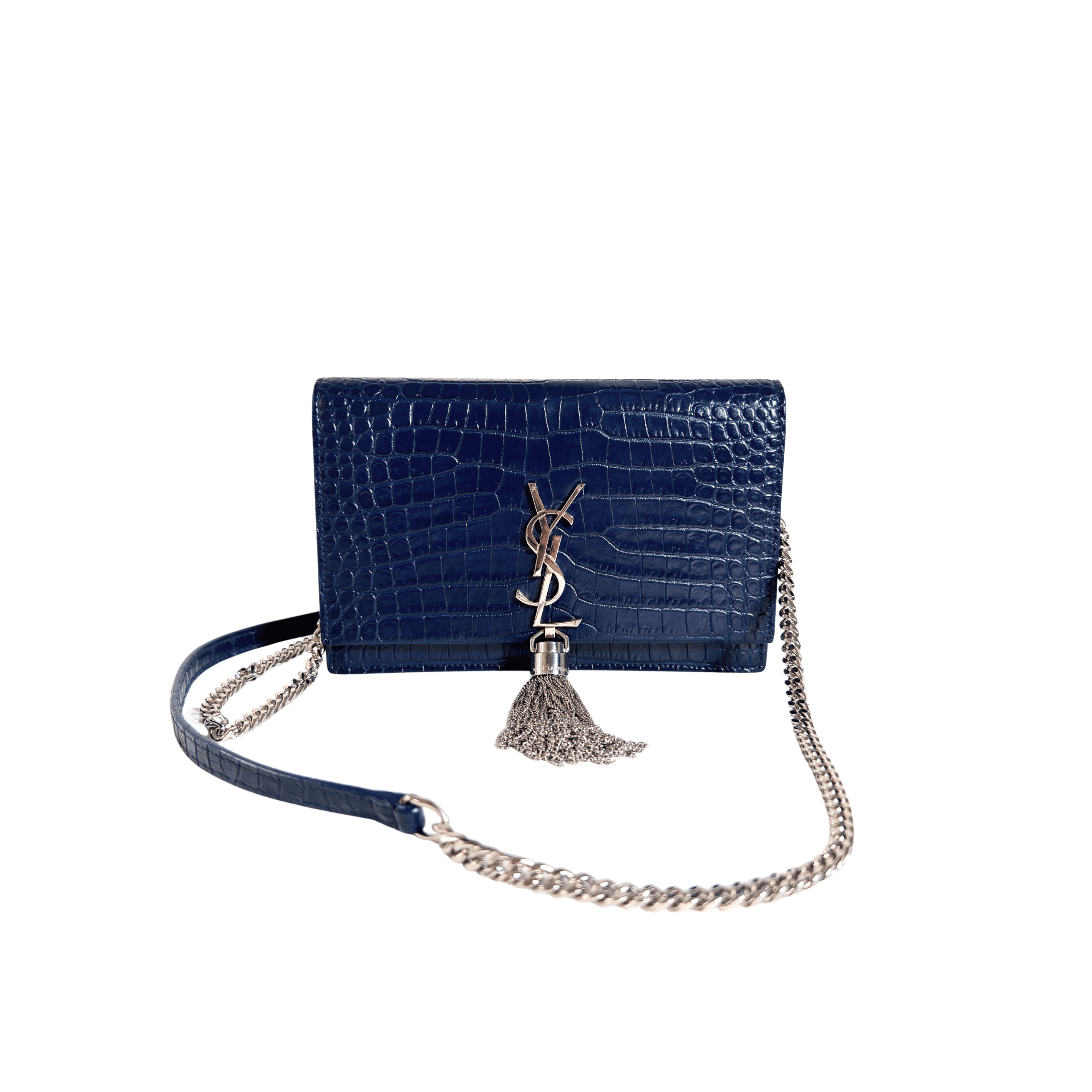 SAC SAINT LAURENT KATE TASSEL - CUIR EMBOSSE CROCDILE BLEU NUIT - La Belle Boutique