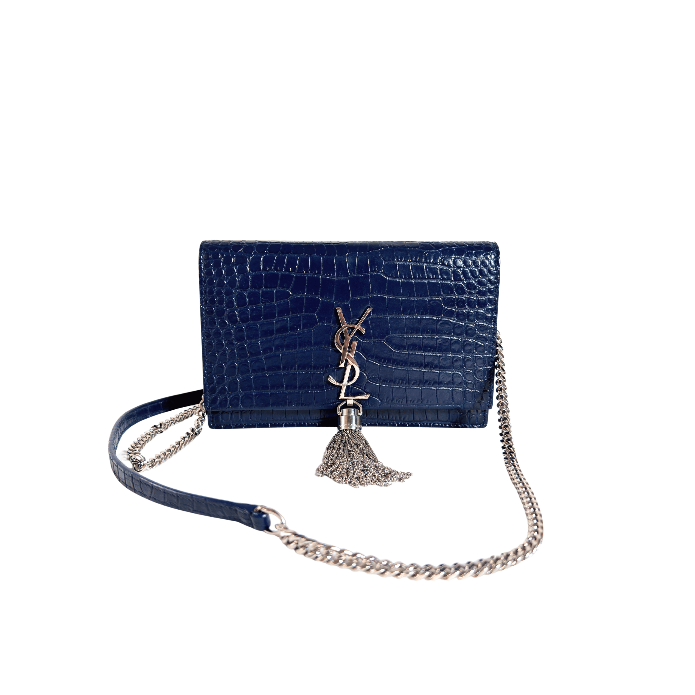 SAC SAINT LAURENT KATE TASSEL - CUIR EMBOSSE CROCDILE BLEU NUIT