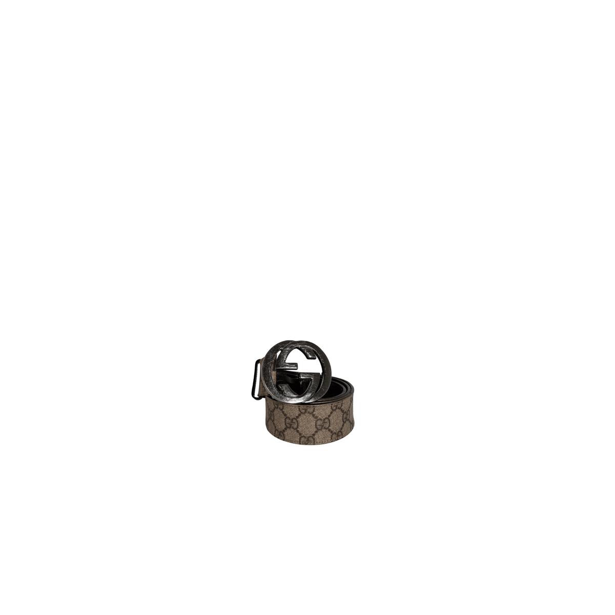 GUCCI - CEINTURE BOUCLE G ENTRELACES - TOILE GG SUPREME BEIGE ET EBENE - CUIR MARRON - TAILLE 85 - La Belle Boutique