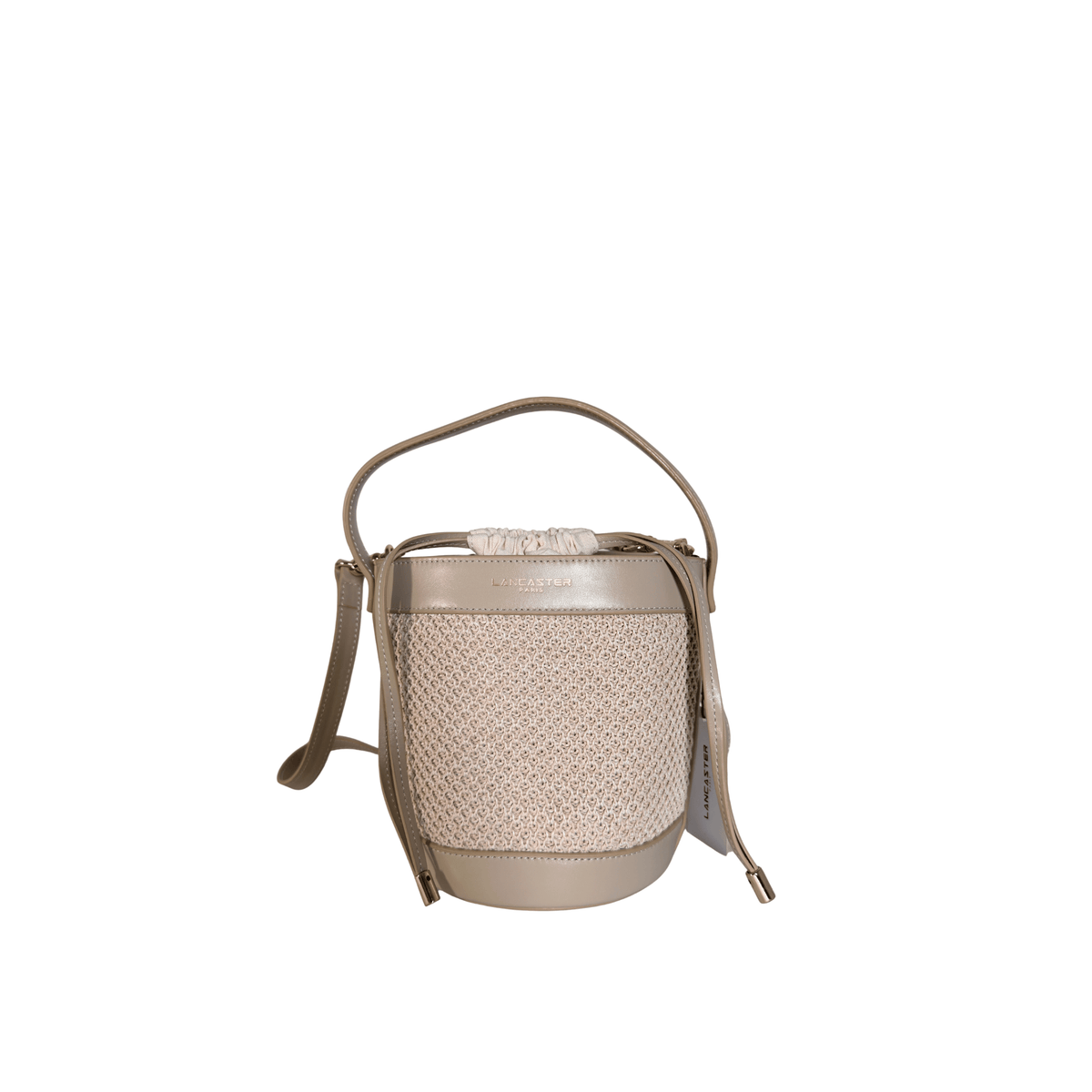 LANCASTER - SAC SEAU SO OSIER - CUIR ET EFFET RAPHIA IVOIRE - BANDOULIERE AMOVIBLE