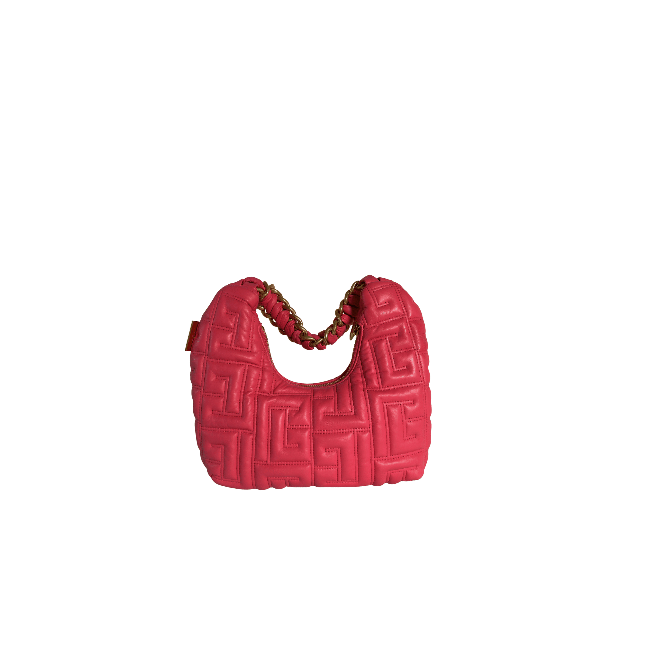 BALMAIN - SAC EPAULE PILLOW - CUIR MATELASSE MONOGRAMME ROSE FUCHSIA - La Belle Boutique