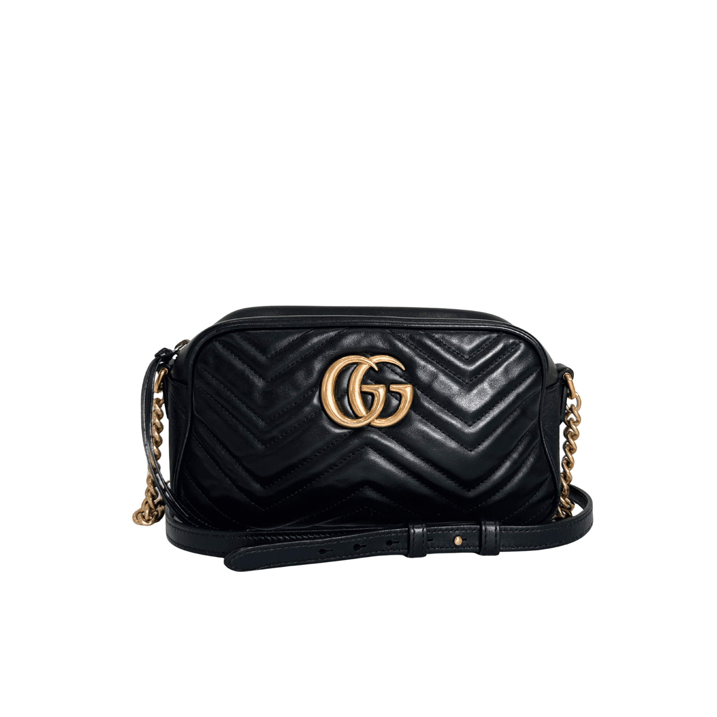 SAC GUCCI GG MARMONT CAMERA BAG SMALL EN CUIR MATELASSÉ NOIR - La Belle Boutique