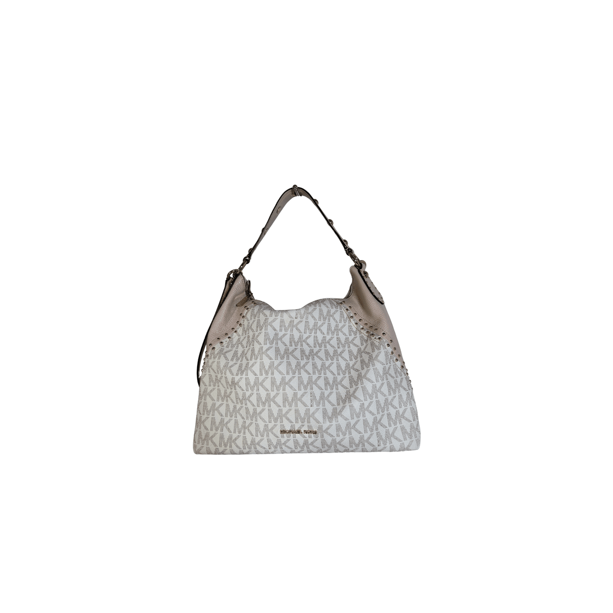 MICHAEL KORS - ARIA - TOILE MONOGRAMME VANILLE ET CUIR ROSE POUDRE - CLOUTE - La Belle Boutique
