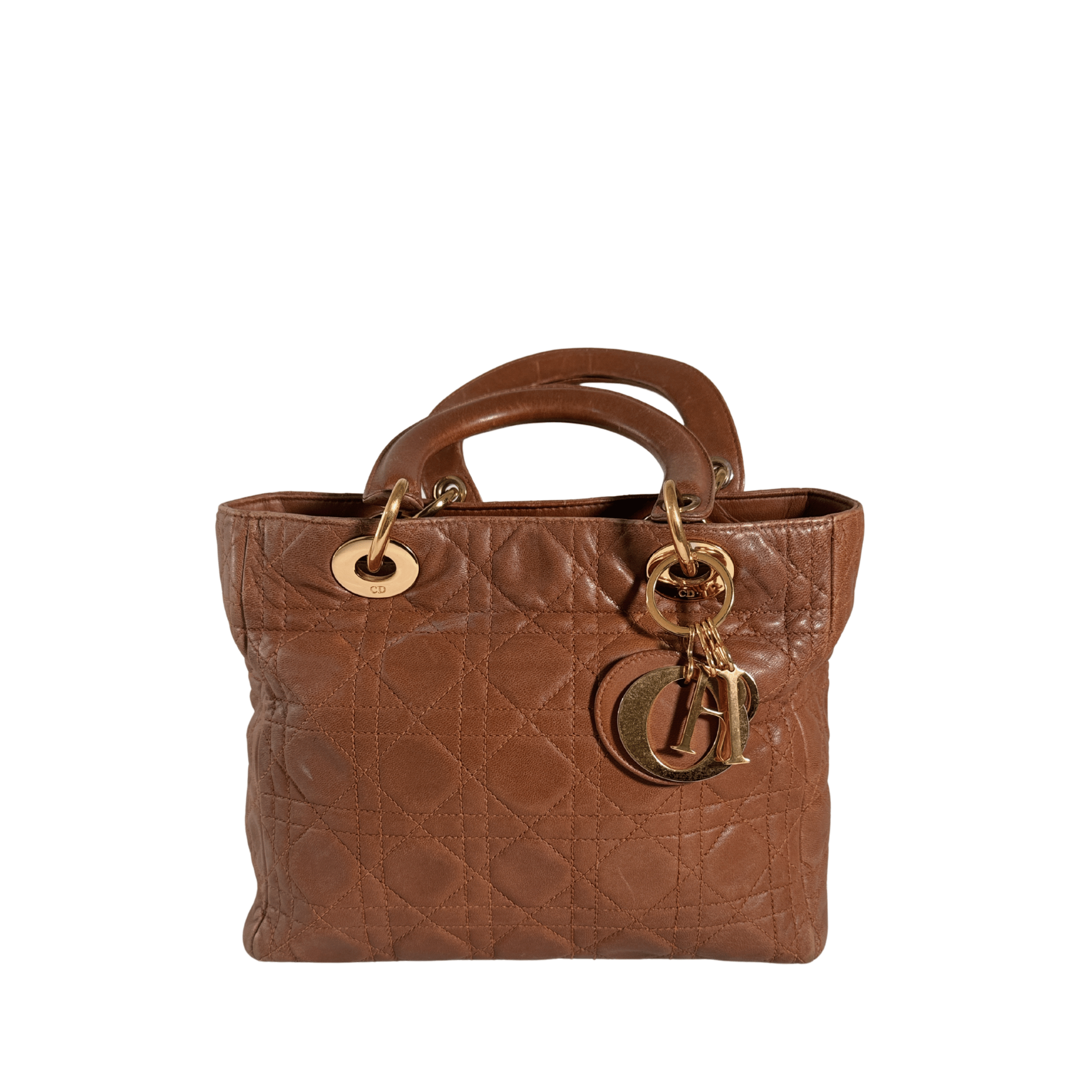 SAC CHRISTIAN DIOR LADY DIOR - CUIR AGNEAU CANNAGE CAMEL
