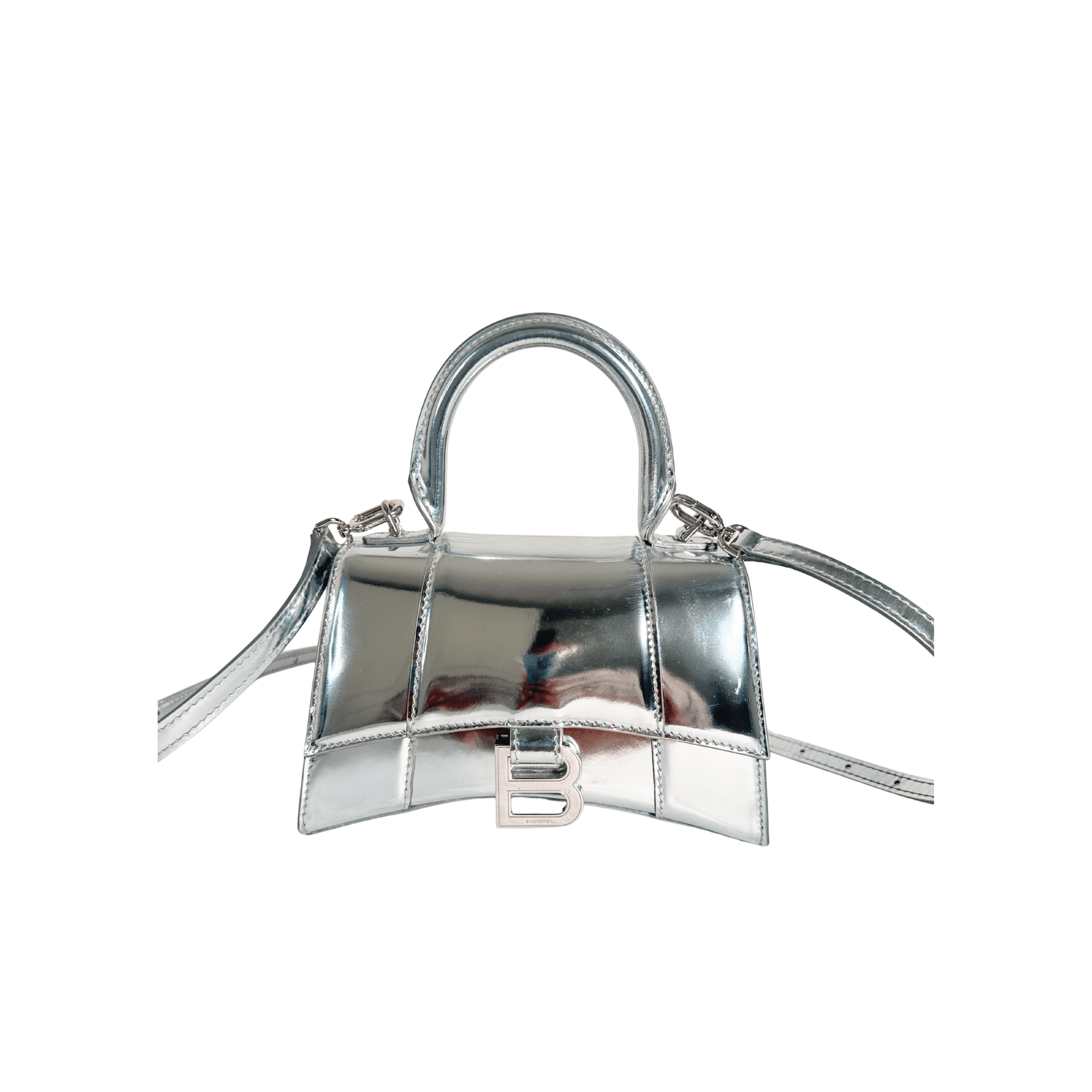 SAC BALENCIAGA HOURGLASS XS EN CUIR DE VEAU EFFET MIROIR ARGENTÉ - La Belle Boutique