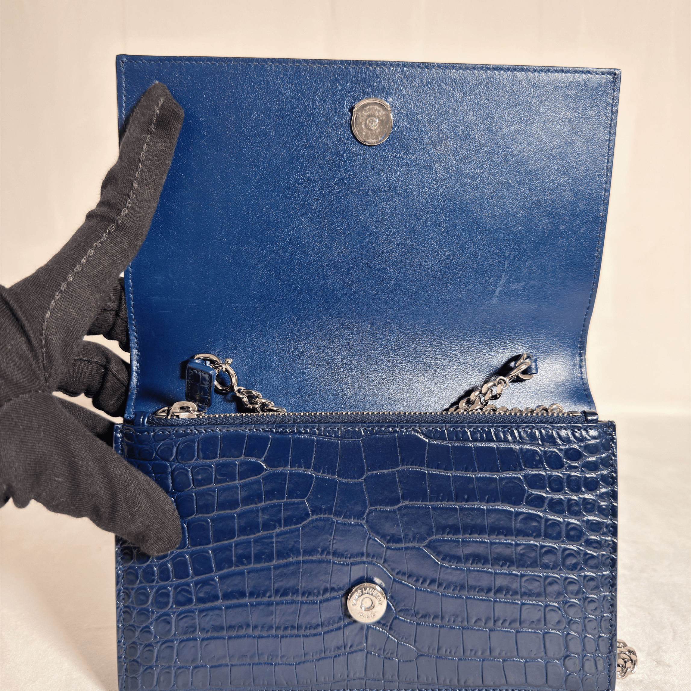 SAC SAINT LAURENT KATE TASSEL - CUIR EMBOSSE CROCDILE BLEU NUIT - La Belle Boutique