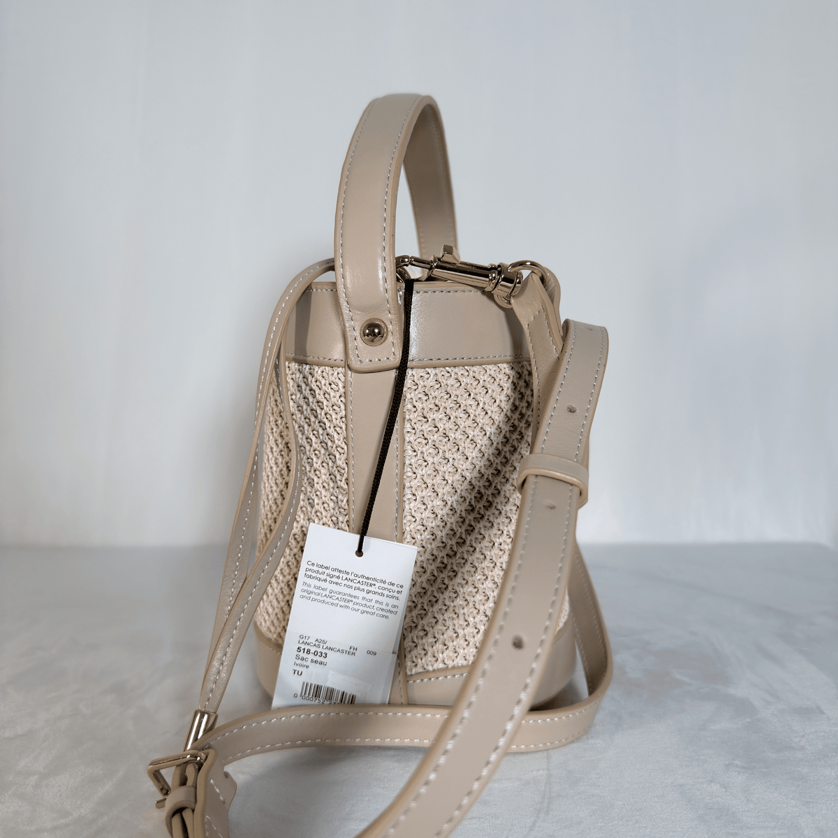 LANCASTER - SAC SEAU SO OSIER - CUIR ET EFFET RAPHIA IVOIRE - BANDOULIERE AMOVIBLE