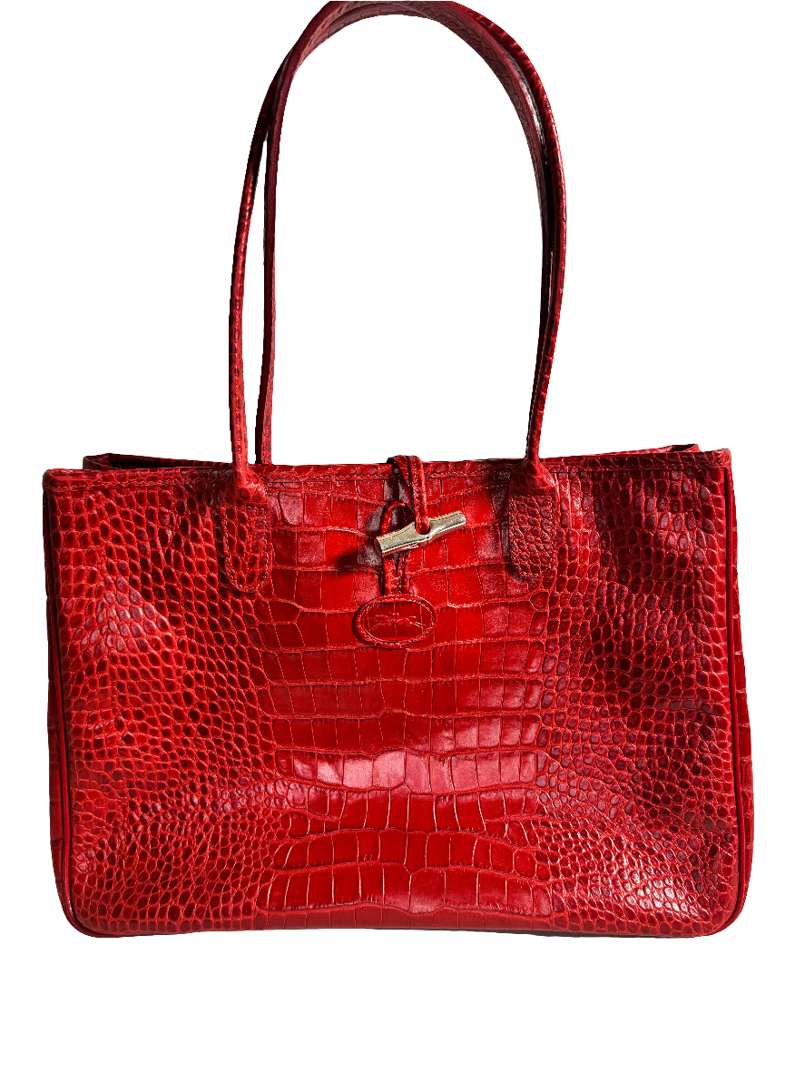 Sac à main Longchamp Héritage – Cuir embossé façon crocodile rouge