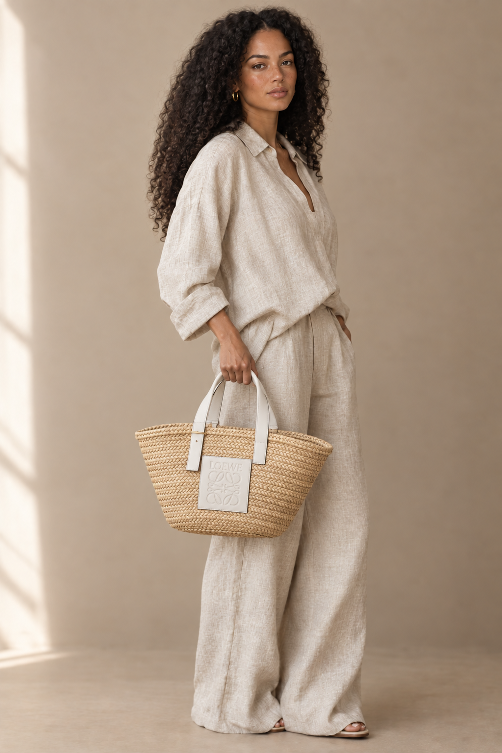 LOEWE - PANIER BASKET BAG MEDIUM - RAPHIA NATUREL CUIR BLANC
