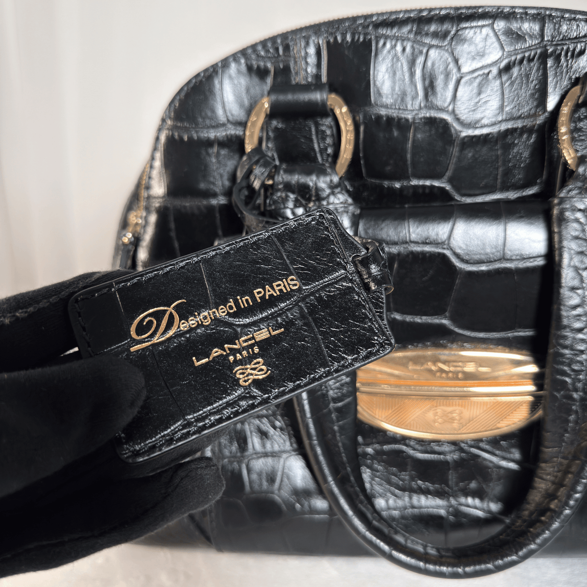 LANCEL - ADJANI - CUIR EMBOSSE EFFET CROCODILE NOIR
