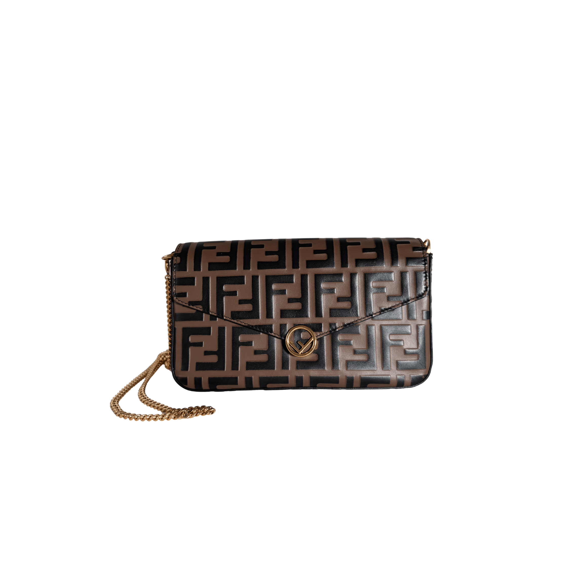 POCHETTE WALLET ON CHAIN FENDI - CUIR NAPPA EMBOSSÉ FF NOIR/TABAC