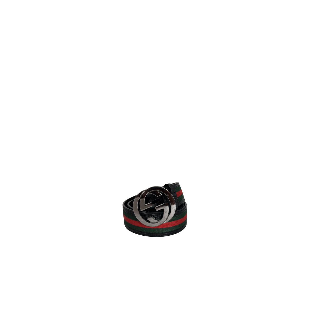 GUCCI - CEINTURE  BOUCLE G ENTRELACES - SANGLE WEB VERT ET ROUGE - CUIR NOIR - TAILLE 85