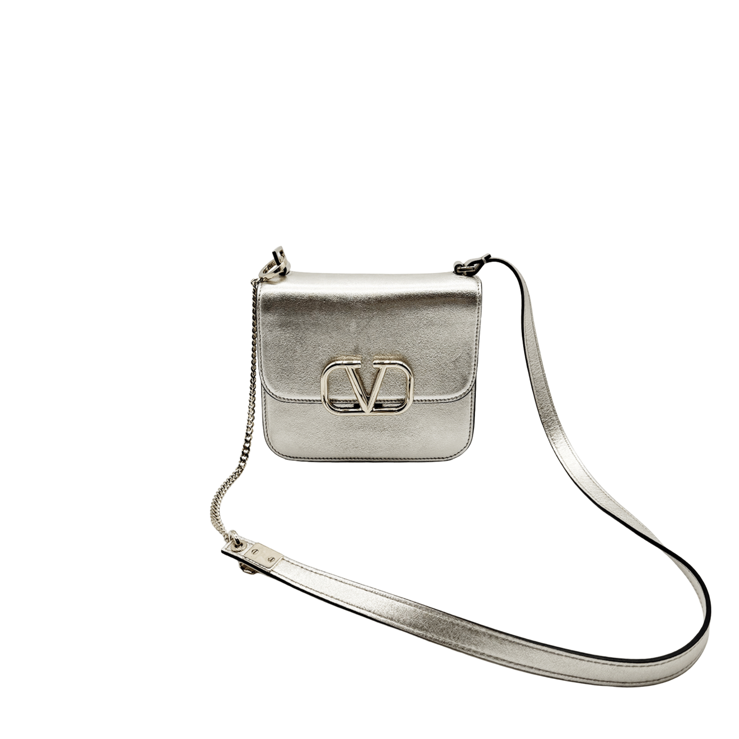 SAC VALENTINO GARAVANI VSLING SMALL EN CUIR GRAINÉ MÉTALLISÉ ARGENTÉ