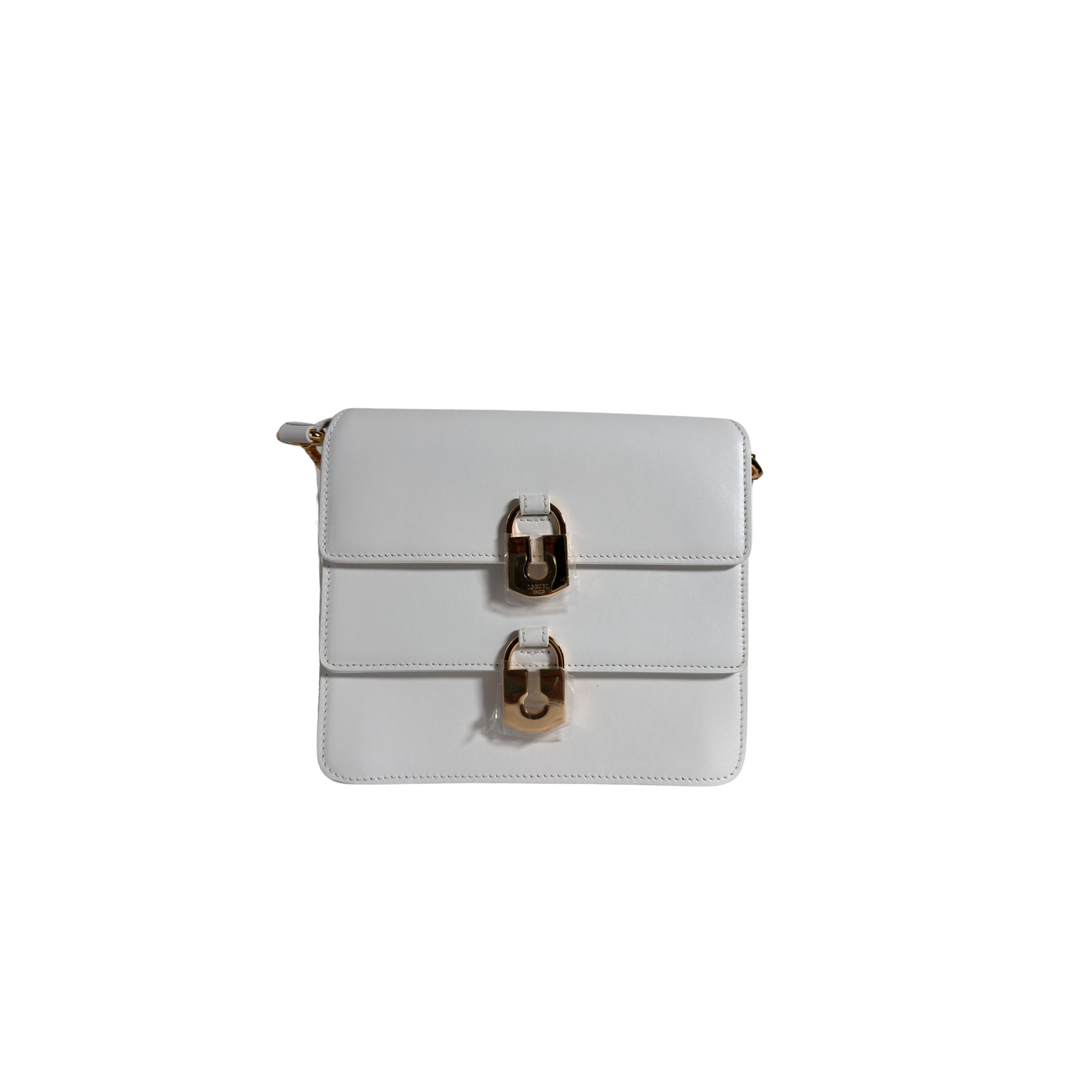 SAC BANDOULIERE LANCEL L'IDYLLE - CUIR LISSE BLANC / DOUBLE CADENAS DORE A12367