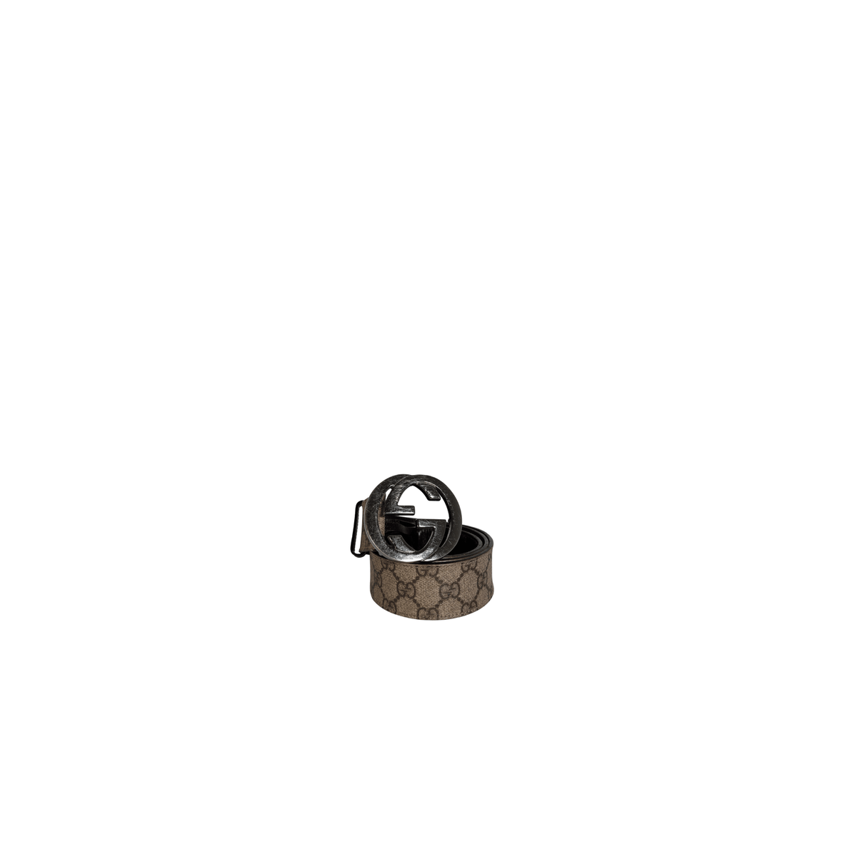 GUCCI - CEINTURE  BOUCLE G ENTRELACES - TOILE GG SUPREME BEIGE ET EBENE - CUIR MARRON - TAILLE 85