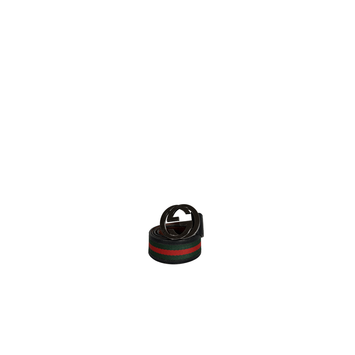 GUCCI - CEINTURE BOUCLE G ENTRELACÉS - SANGLE WEB VERT ET ROUGE - REVERS CUIR COGNAC - TAILLE 100