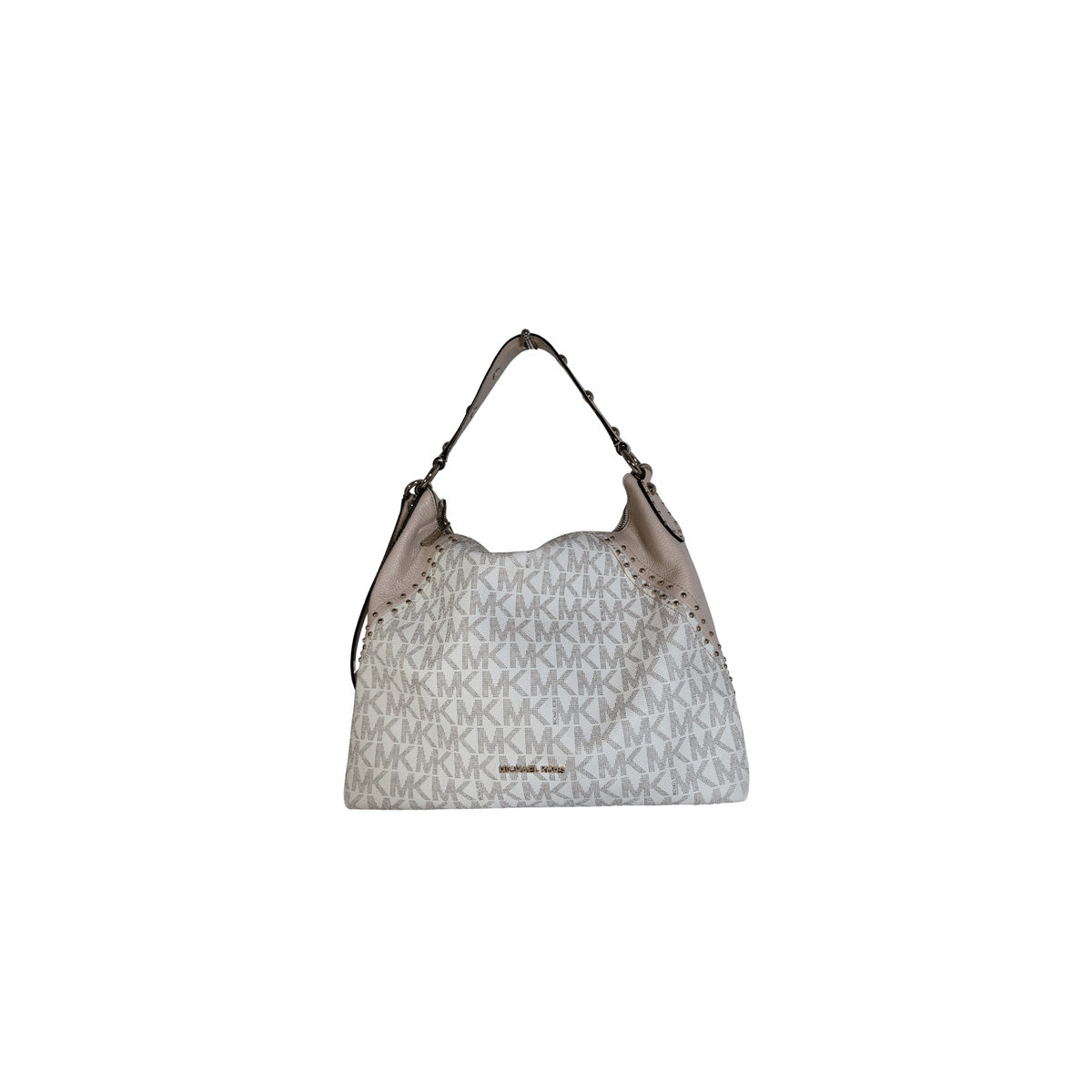MICHAEL KORS - ARIA - TOILE MONOGRAMME VANILLE ET CUIR ROSE POUDRE - CLOUTE
