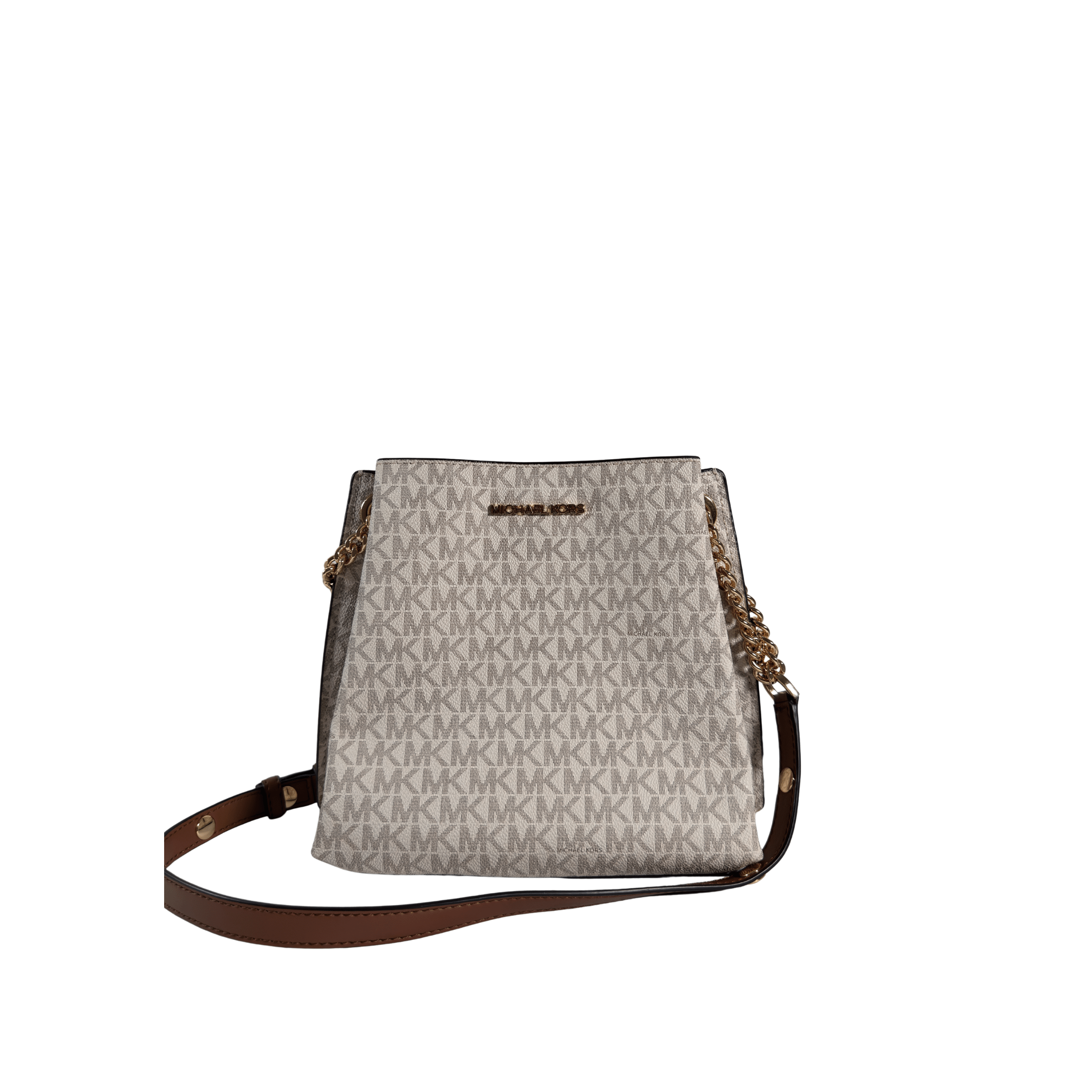 SAC BANDOULIERE MICHAEL JORS TEAGEN S - TOILE SIGNATURE MK BLANC/MARRON - La Belle Boutique