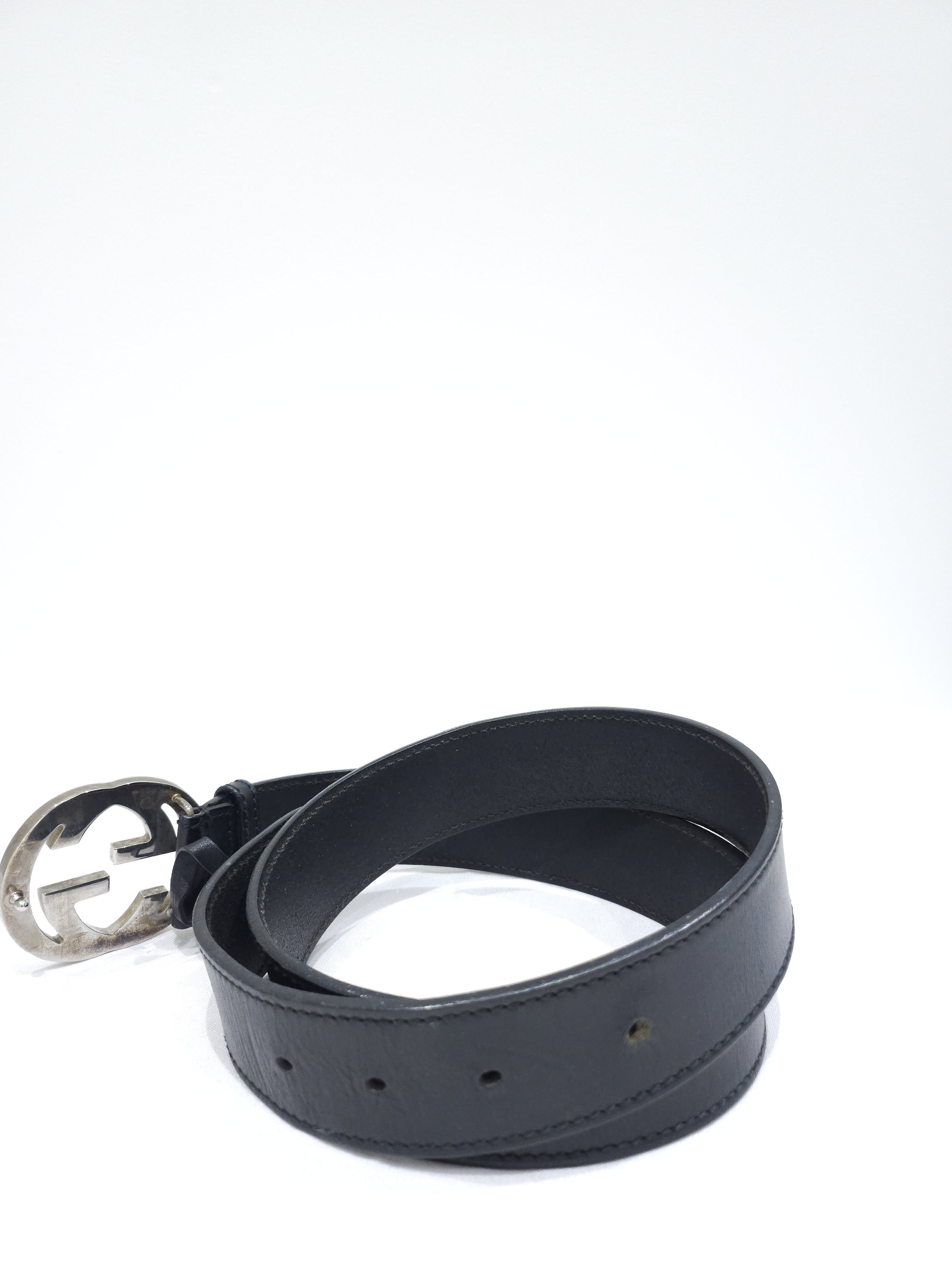 Ceinture Gucci cuir noir lisse boucle Interlocking GG