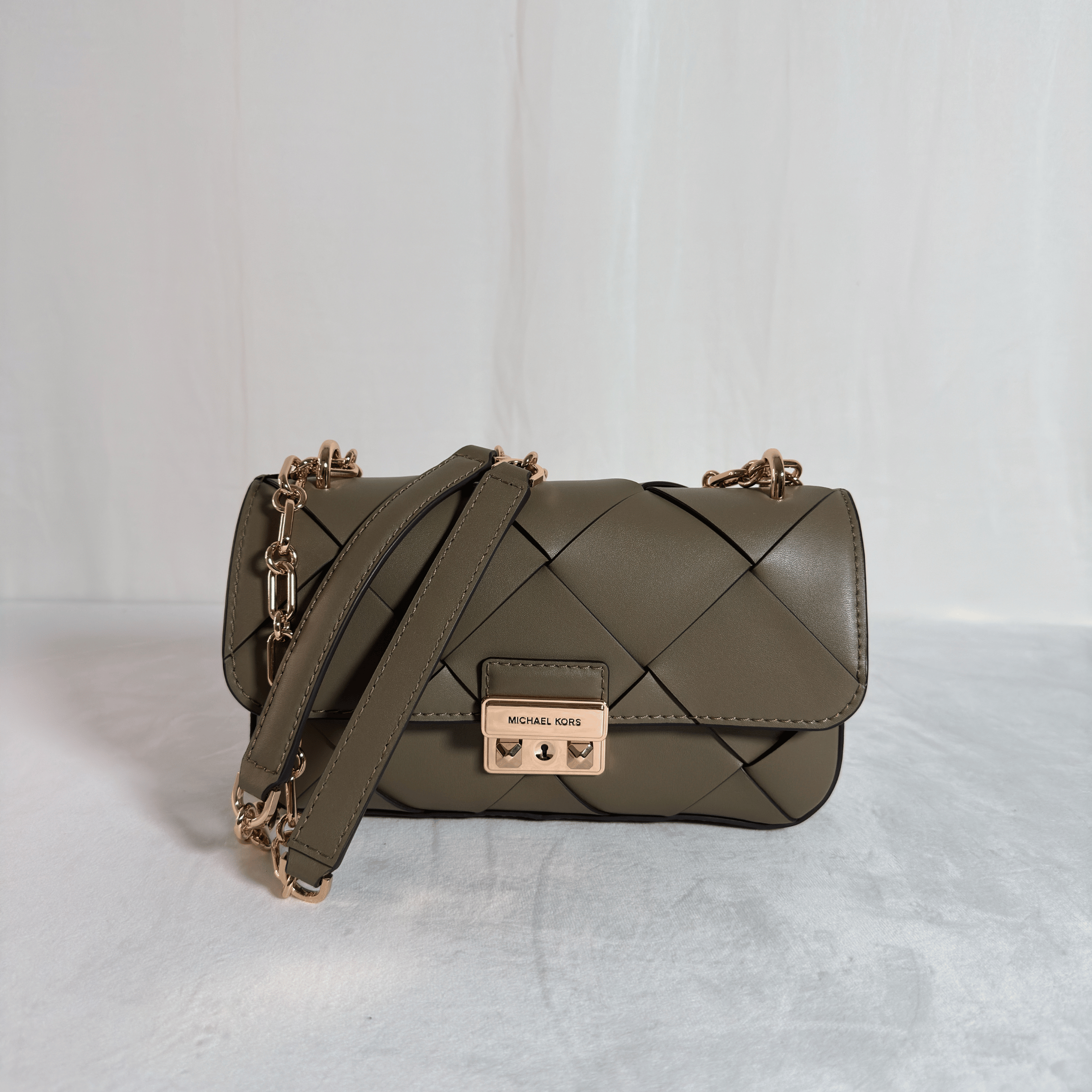 SAC PORTE EPAULE MICHAEL KORS TRIBECA - CUIR TRESSE VERT KAKI