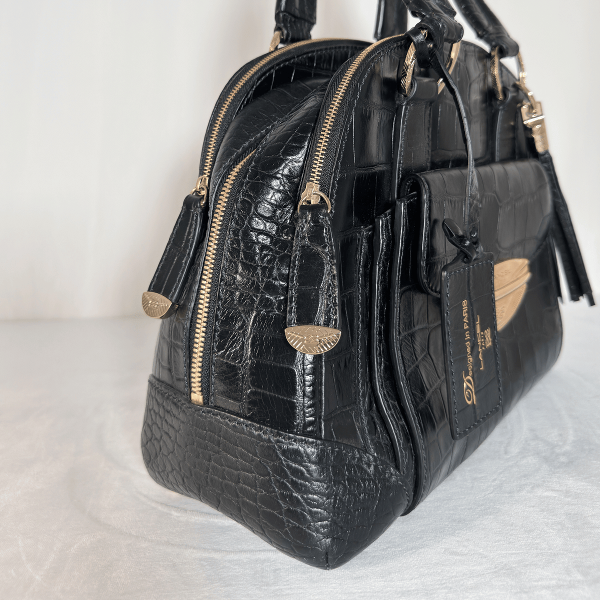 LANCEL - ADJANI - CUIR EMBOSSE EFFET CROCODILE NOIR