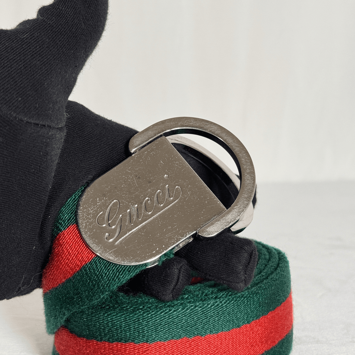GUCCI - CEINTURE  DOUBLE ANNEAU - SANGLE WEB VERT ET ROUGE - TAILLE 90