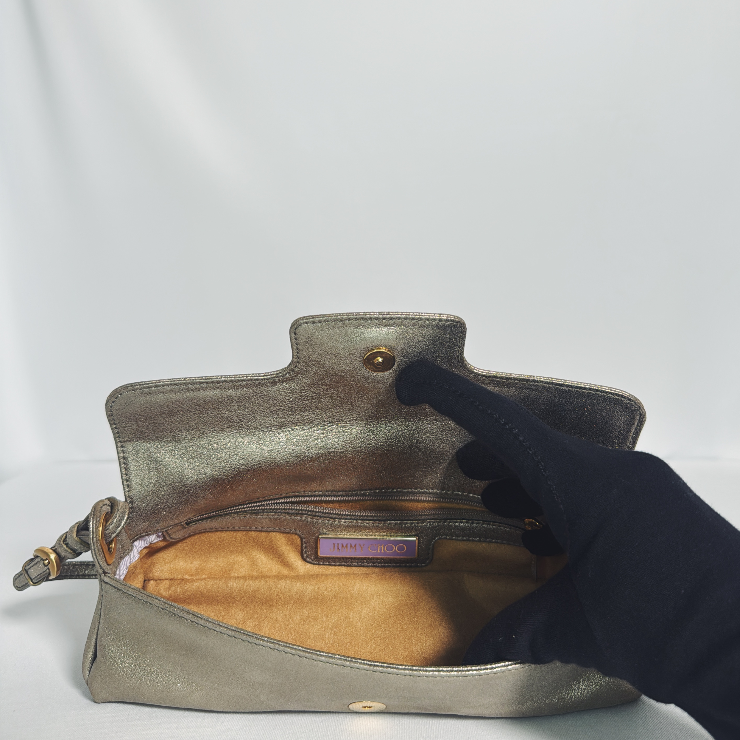 Jimmy Choo Baguette Metallic Vintage – cuir bronze, broche bijoux Swarovski