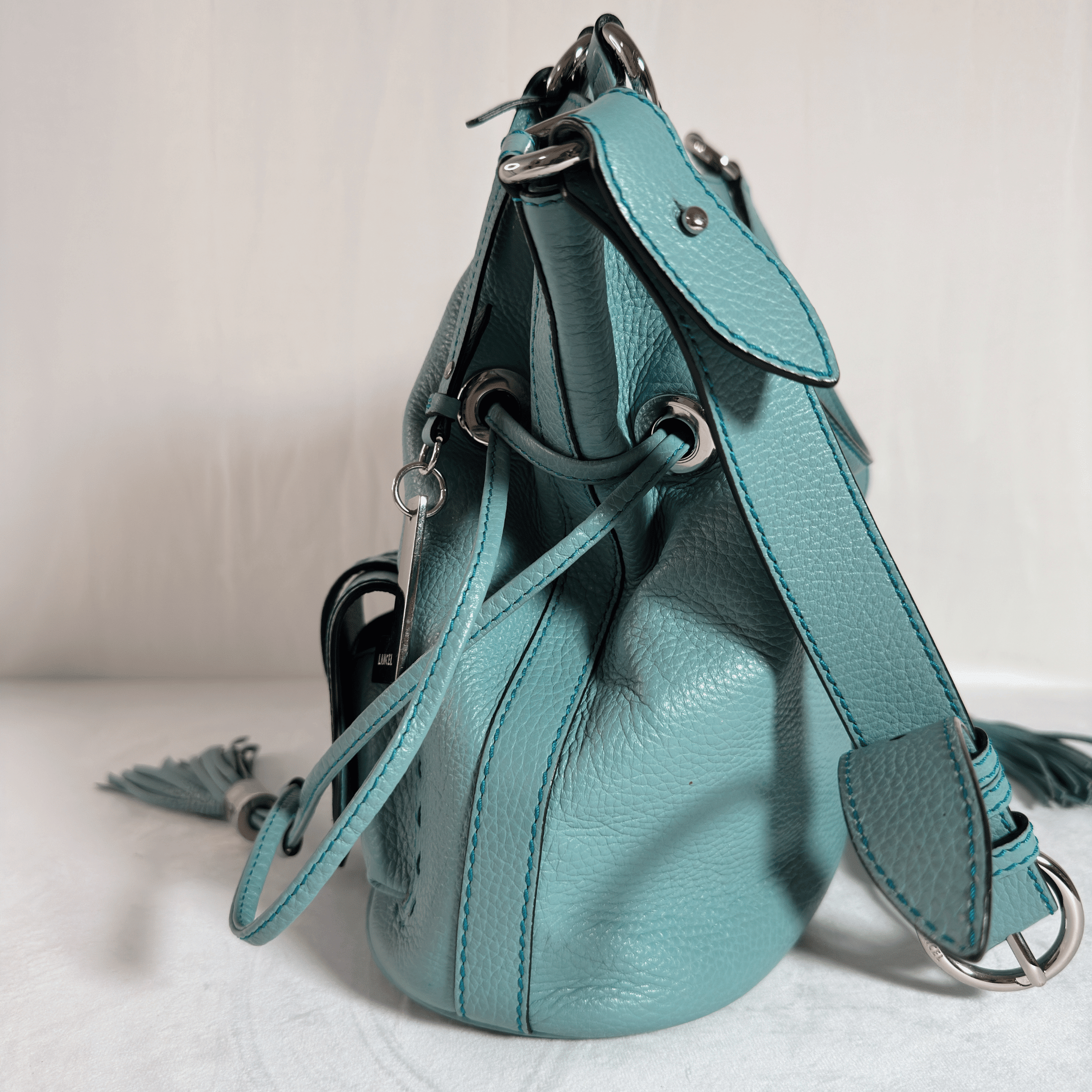 SAC LANCEL PREMIER FLIRT - SAC SEAU TAILLE M - CUIR GRAINE BLEU TURQUOISE - La Belle Boutique