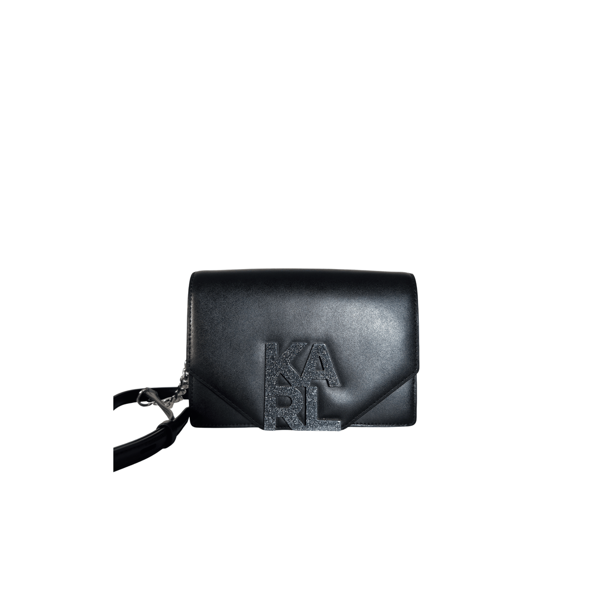 KARL LAGERFELD - SAC BANDOULIERE - CUIR LISSE NOIR - LOGO KARL PAILLETE